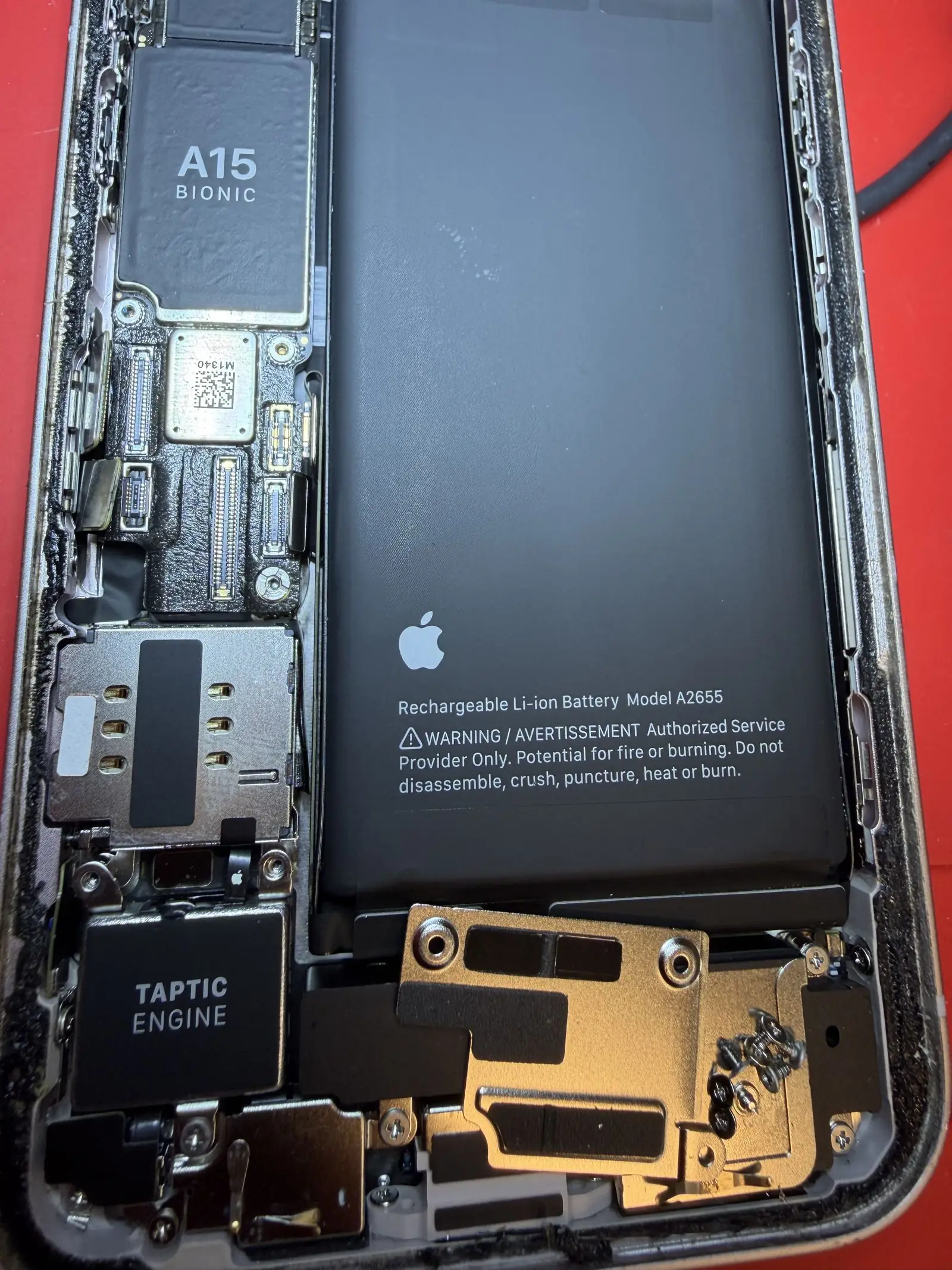 Reparación interna de un iPhone con la batería a la vista